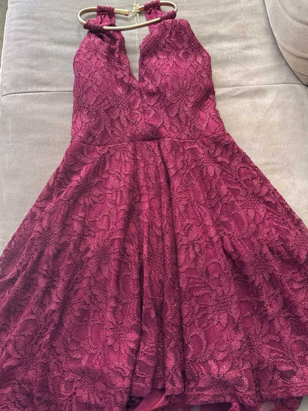 B Darlin Burgundy Lace Halter Fit-and-Flare Mini Dress